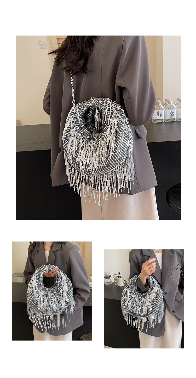 Women's Medium Tassel Solid Color Elegant Classic Style Sequins Pillow Shape Zipper Crossbody Bag