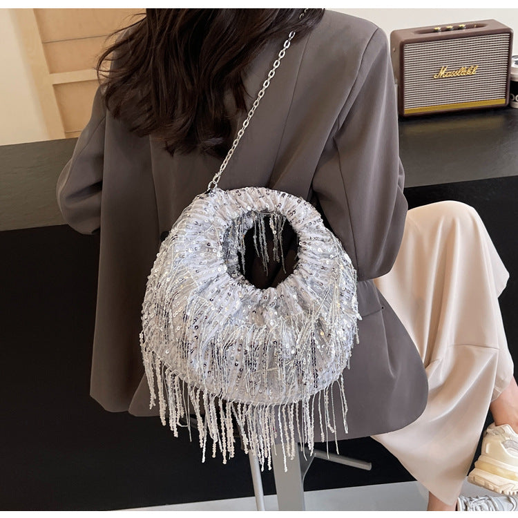 Women's Medium Tassel Solid Color Elegant Classic Style Sequins Pillow Shape Zipper Crossbody Bag