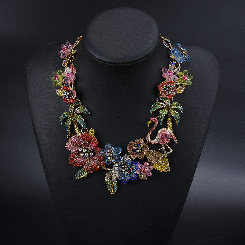 exaggerated luxurious coconut tree flamingo flower alloy inlay rhinestones women's necklace