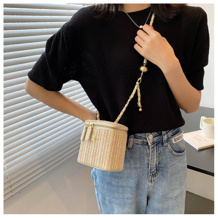 Women'S Straw Solid Color Vacation Zipper Straw Bag