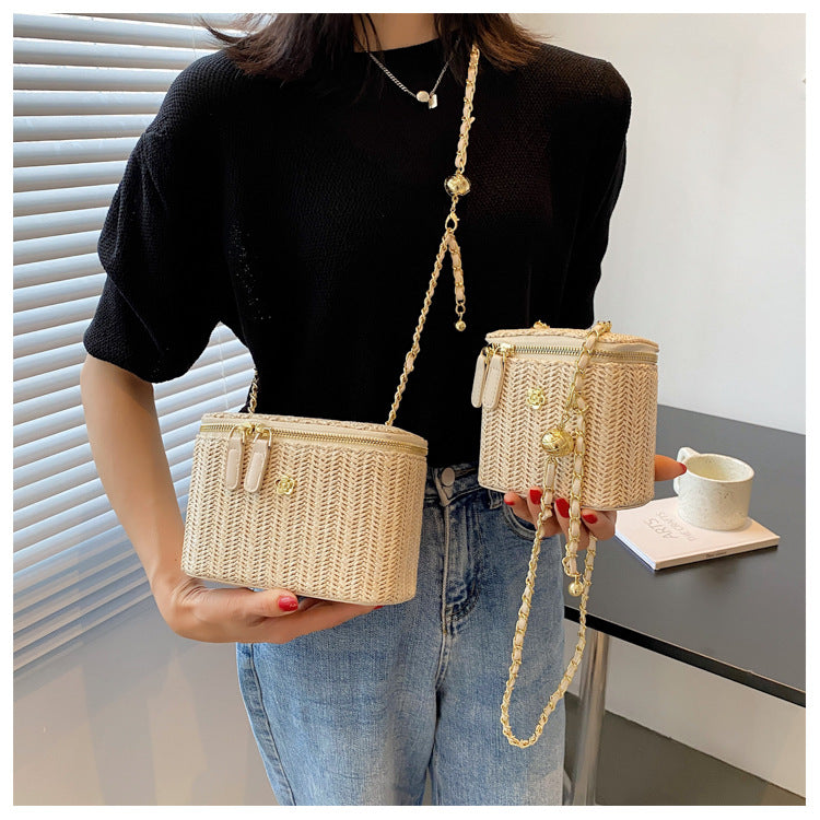 Women'S Straw Solid Color Vacation Zipper Straw Bag