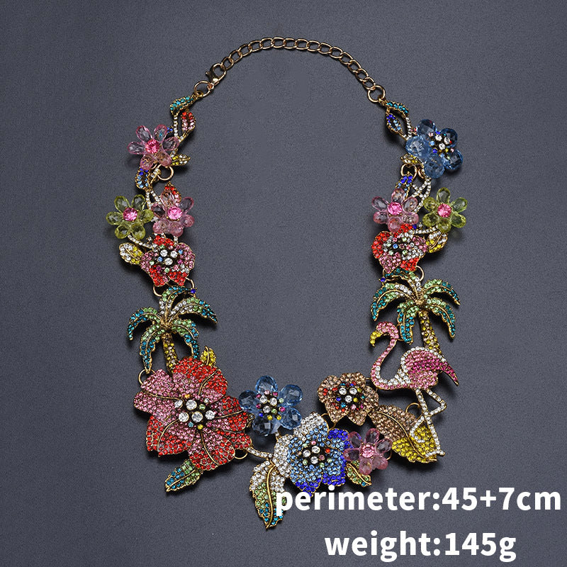 exaggerated luxurious coconut tree flamingo flower alloy inlay rhinestones women's necklace