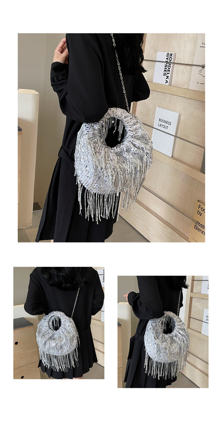 Women's Medium Tassel Solid Color Elegant Classic Style Sequins Pillow Shape Zipper Crossbody Bag