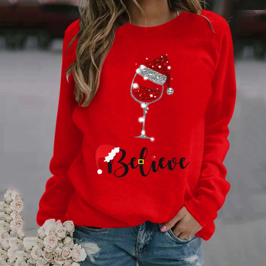 women's hoodie long sleeve hoodies & sweatshirts printing christmas christmas hat letter wine glass