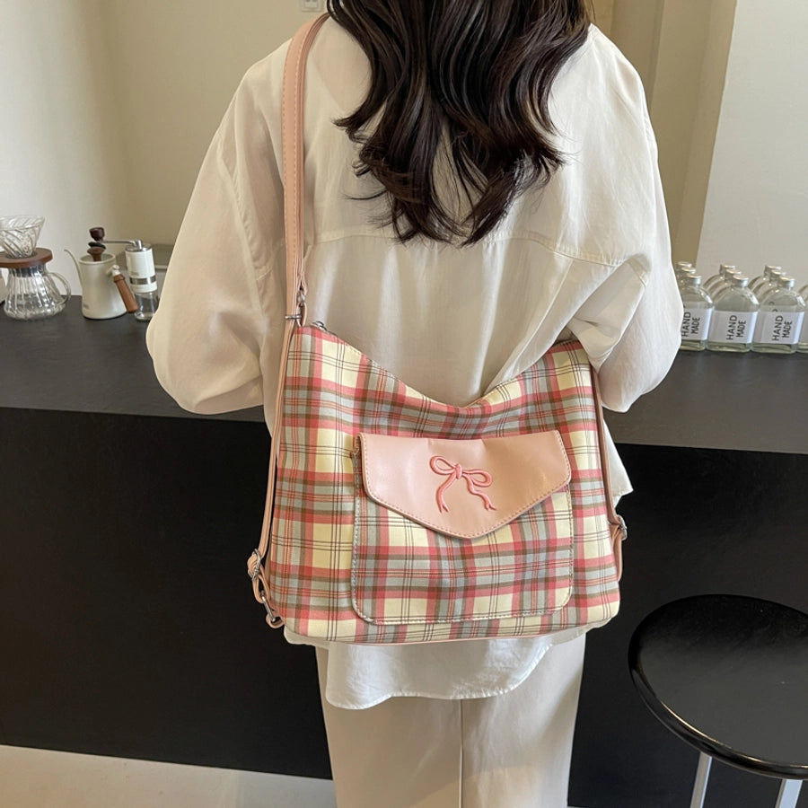 Women's Medium Pu Leather Plaid Bow Knot Vintage Style Classic Style Sewing Thread Square Zipper Tote Bag