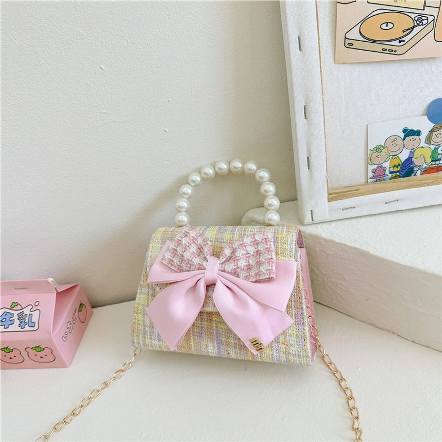 girl's pu leather houndstooth bow knot cute pearls sewing thread square magnetic buckle handbag