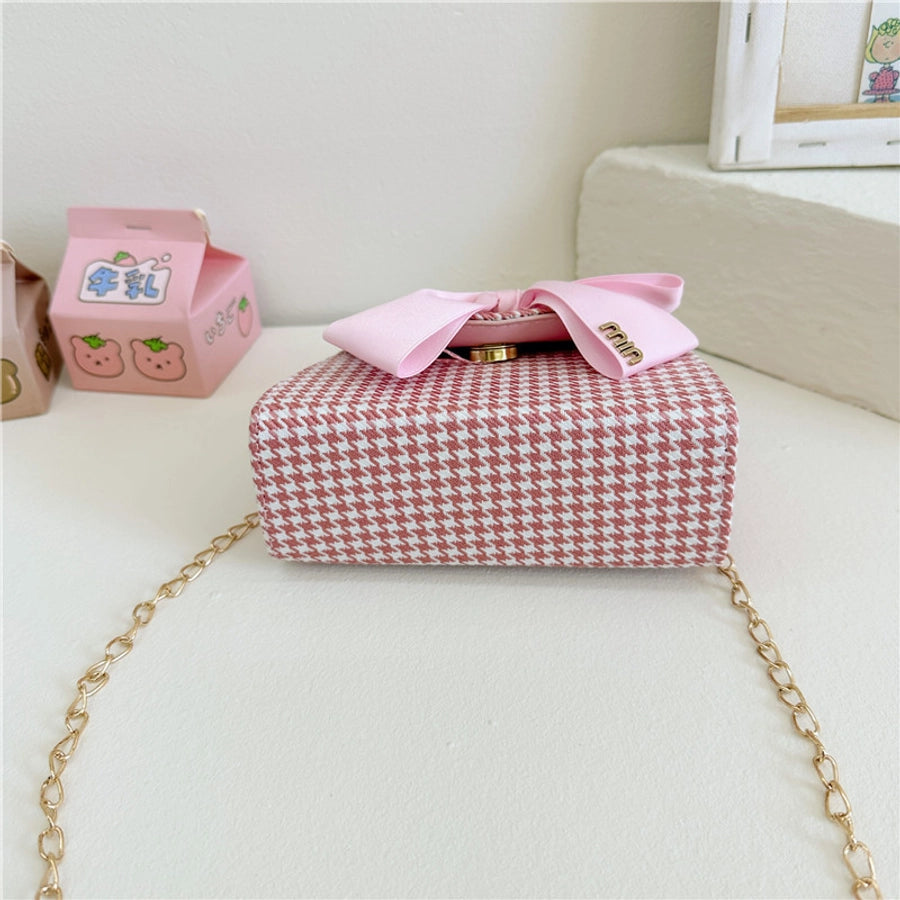 girl's pu leather houndstooth bow knot cute pearls sewing thread square magnetic buckle handbag