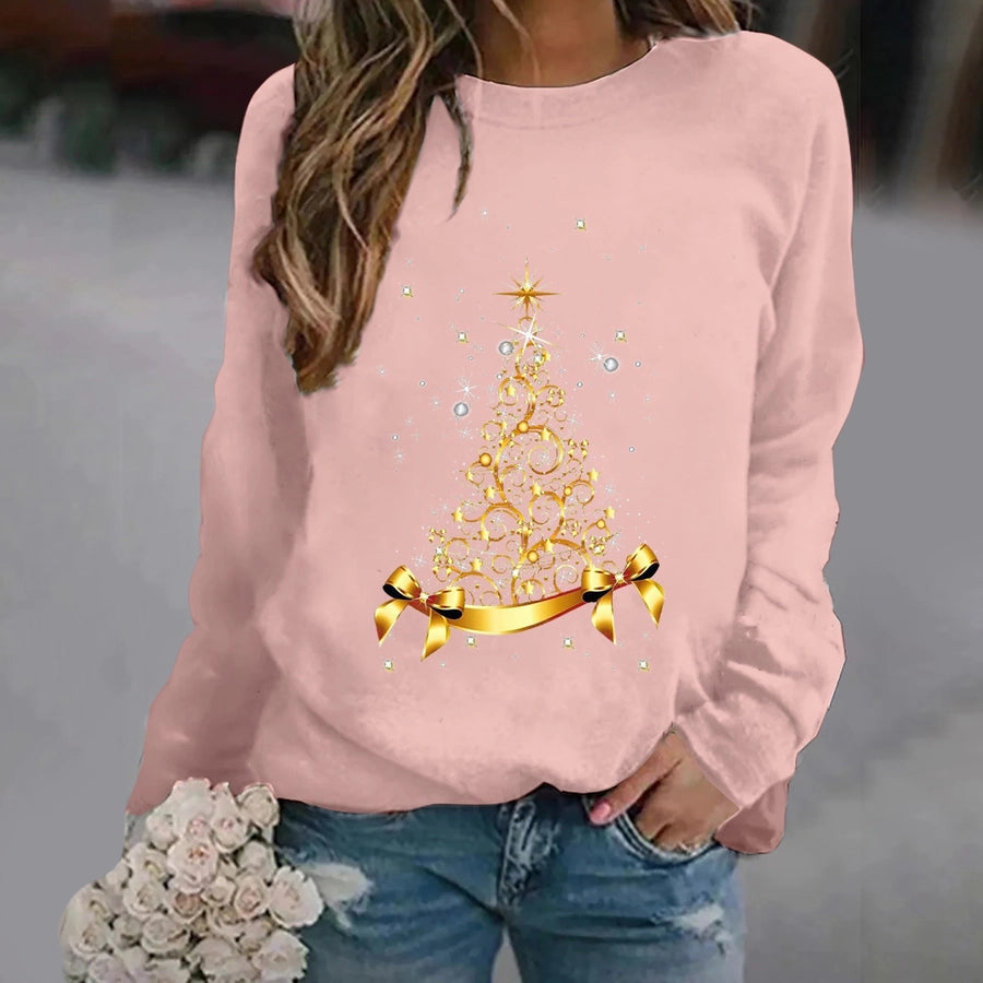 women's hoodies long sleeve thermal transfer printing casual christmas tree bow knot