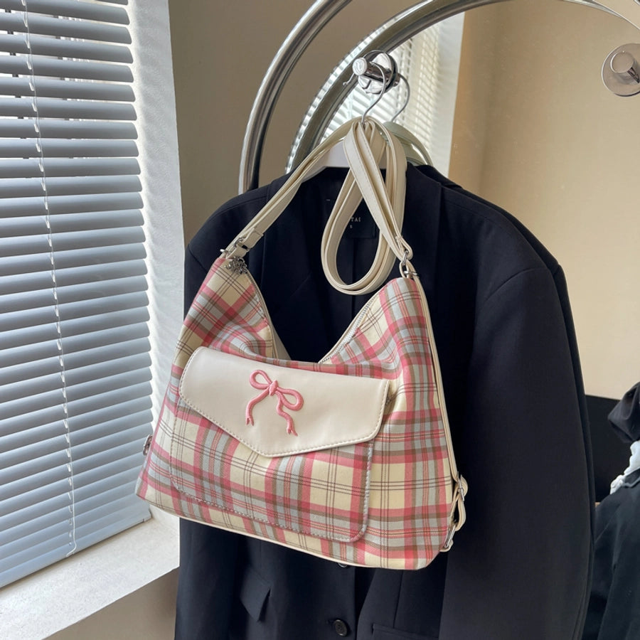 Women's Medium Pu Leather Plaid Bow Knot Vintage Style Classic Style Sewing Thread Square Zipper Tote Bag