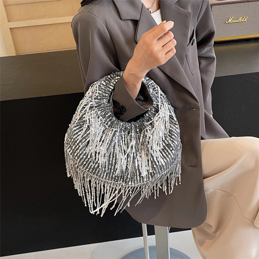 Women's Medium Tassel Solid Color Elegant Classic Style Sequins Pillow Shape Zipper Crossbody Bag