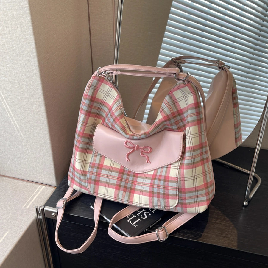 Women's Medium Pu Leather Plaid Bow Knot Vintage Style Classic Style Sewing Thread Square Zipper Tote Bag