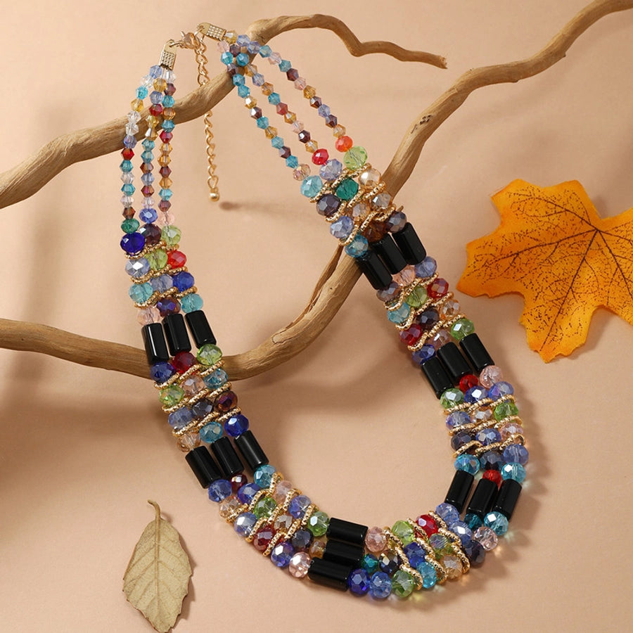 vacation colorful alloy glass beaded women's three layer necklace