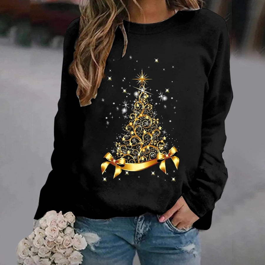 women's hoodies long sleeve thermal transfer printing casual christmas tree bow knot