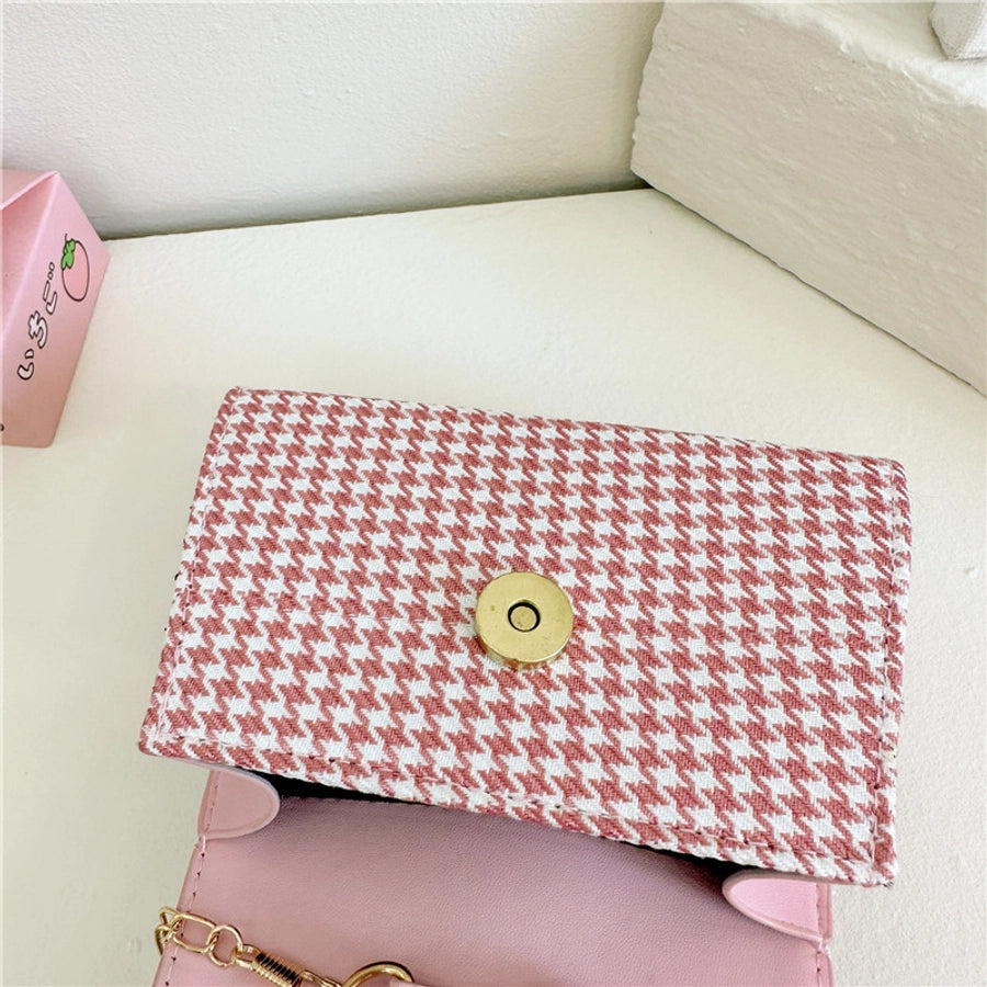 girl's pu leather houndstooth bow knot cute pearls sewing thread square magnetic buckle handbag