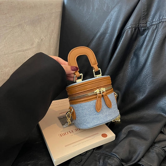 Women's Pu Leather Color Block Streetwear Sewing Thread Bucket Zipper Shoulder Bag