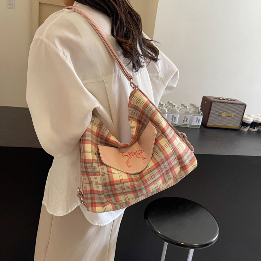 Women's Medium Pu Leather Plaid Bow Knot Vintage Style Classic Style Sewing Thread Square Zipper Tote Bag