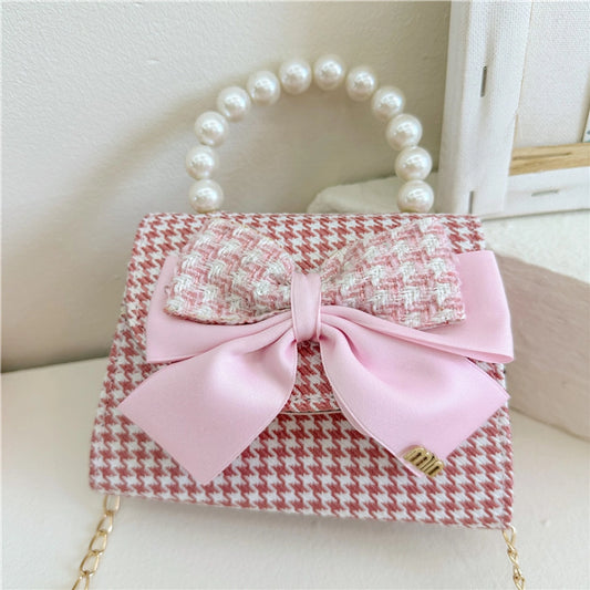 girl's pu leather houndstooth bow knot cute pearls sewing thread square magnetic buckle handbag