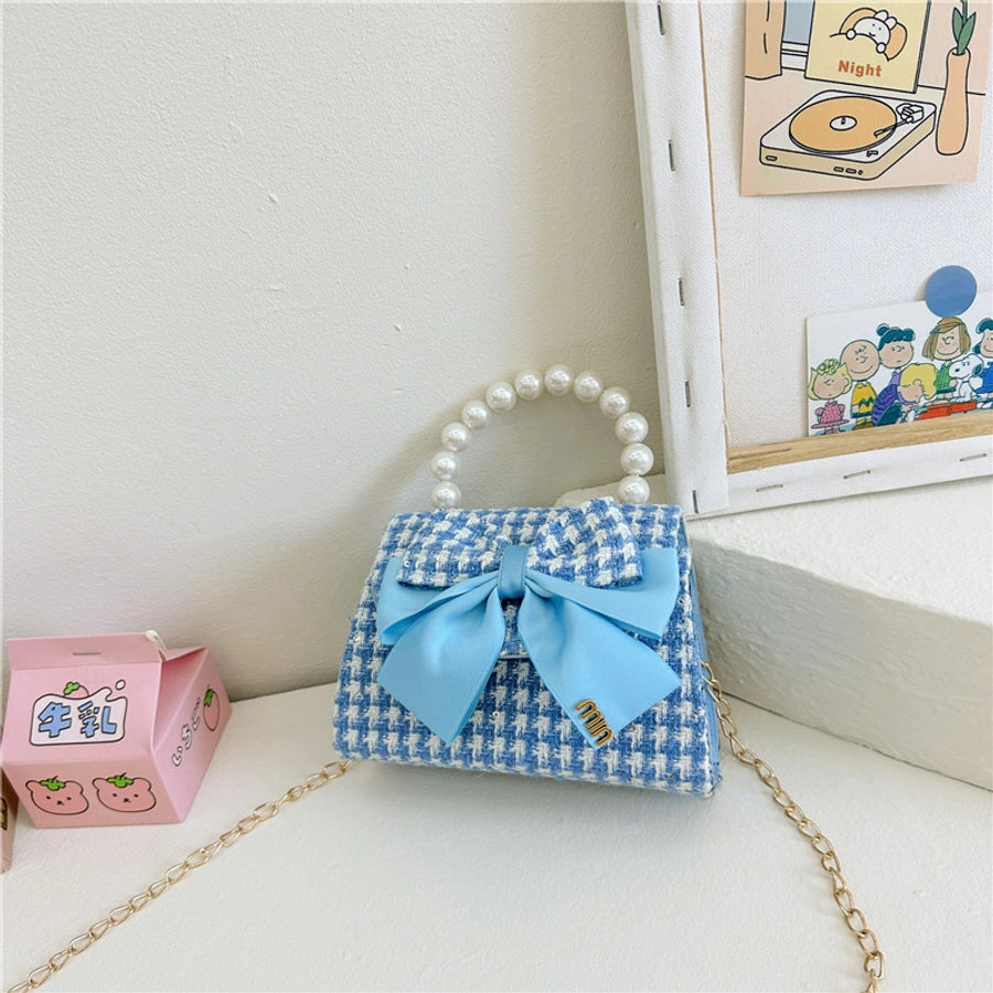 girl's pu leather houndstooth bow knot cute pearls sewing thread square magnetic buckle handbag