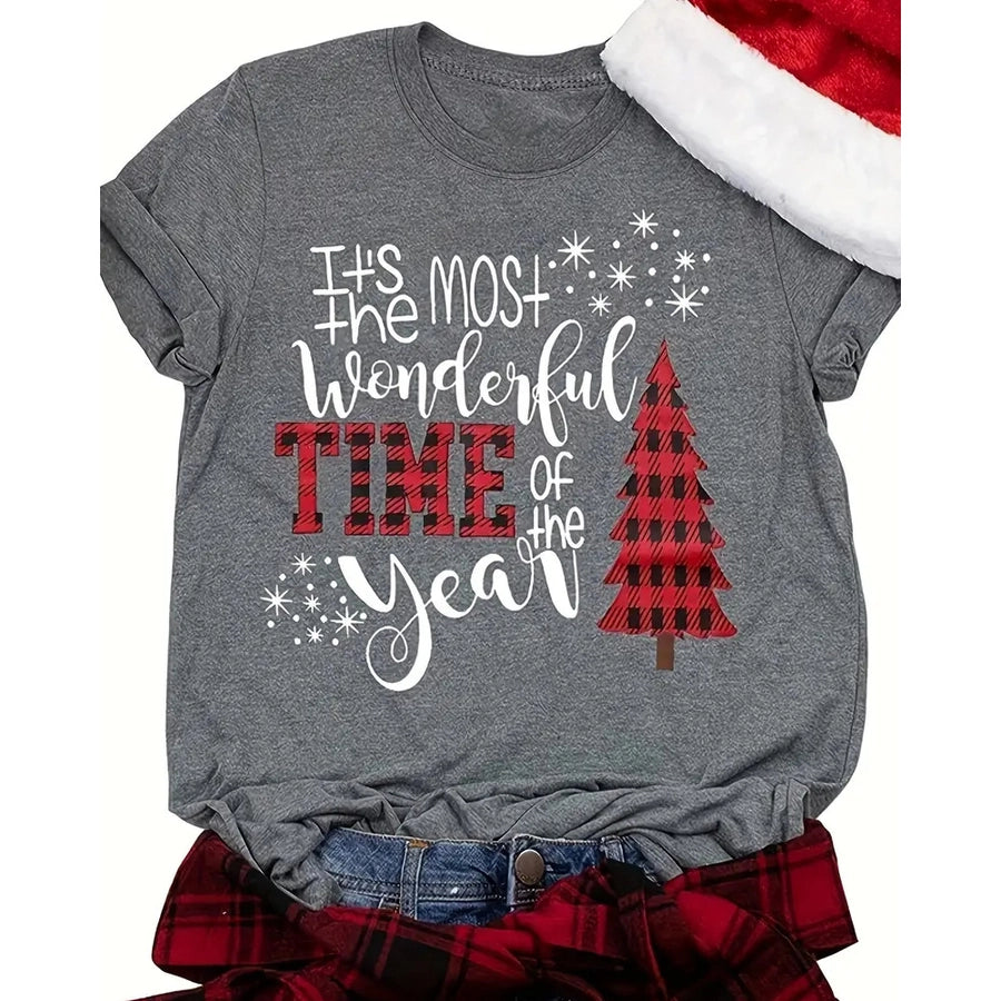 women's t-shirt short sleeve t-shirts printing casual christmas tree letter