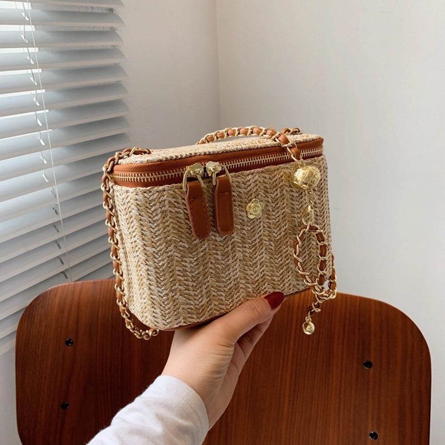 Women'S Straw Solid Color Vacation Zipper Straw Bag