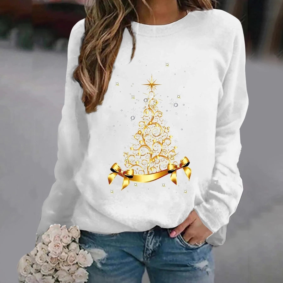 women's hoodies long sleeve thermal transfer printing casual christmas tree bow knot