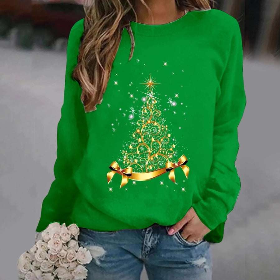 women's hoodies long sleeve thermal transfer printing casual christmas tree bow knot