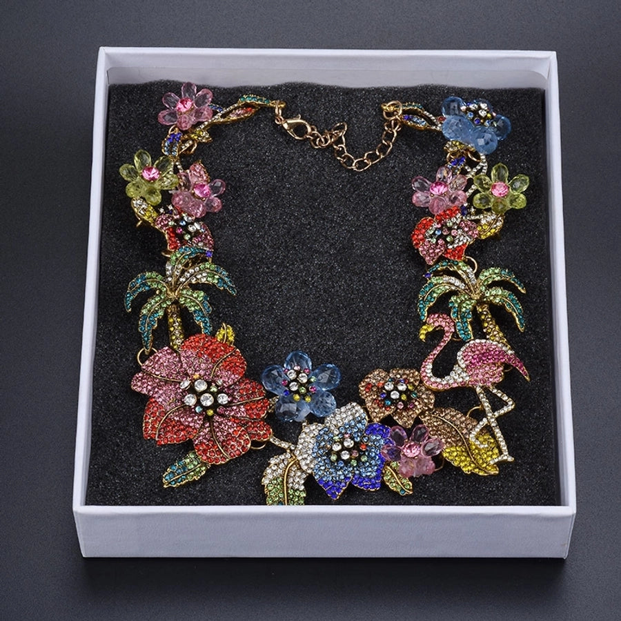 exaggerated luxurious coconut tree flamingo flower alloy inlay rhinestones women's necklace