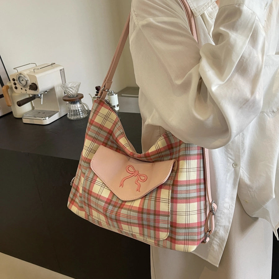 Women's Medium Pu Leather Plaid Bow Knot Vintage Style Classic Style Sewing Thread Square Zipper Tote Bag