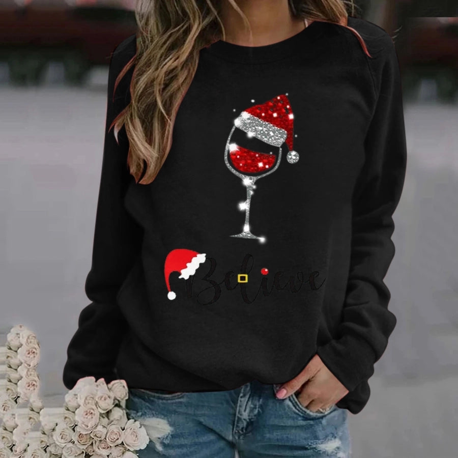 women's hoodie long sleeve hoodies & sweatshirts printing christmas christmas hat letter wine glass