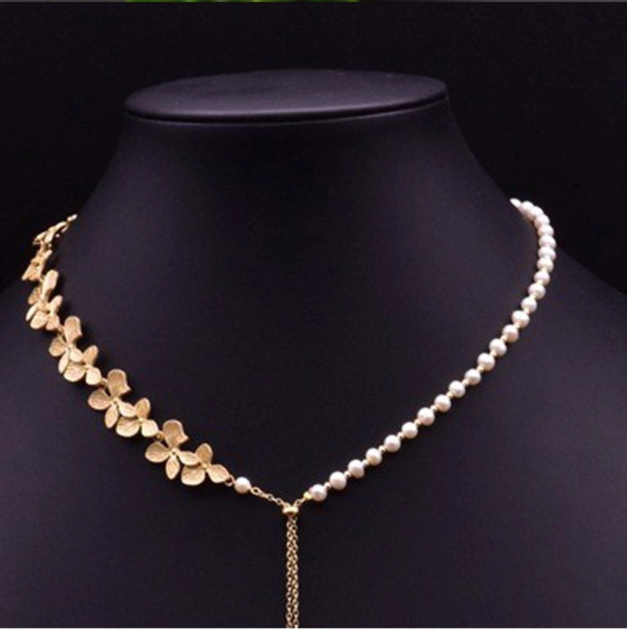 elegant retro geometric copper plating inlay pearl 18k gold plated sweater chain