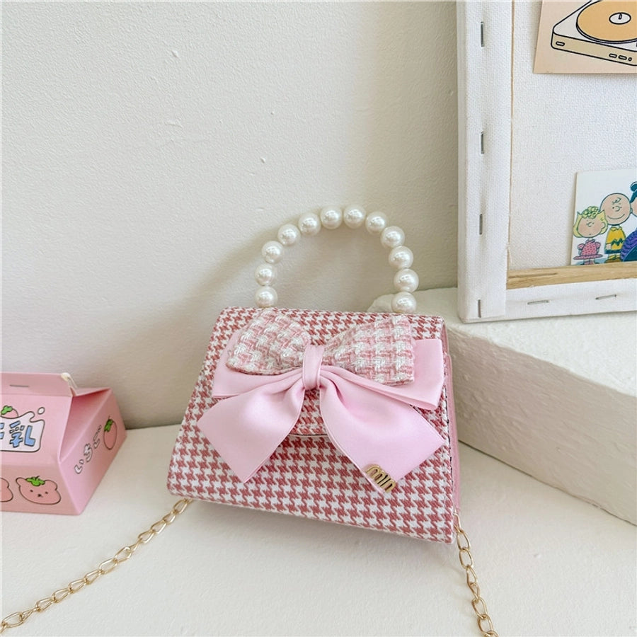 girl's pu leather houndstooth bow knot cute pearls sewing thread square magnetic buckle handbag