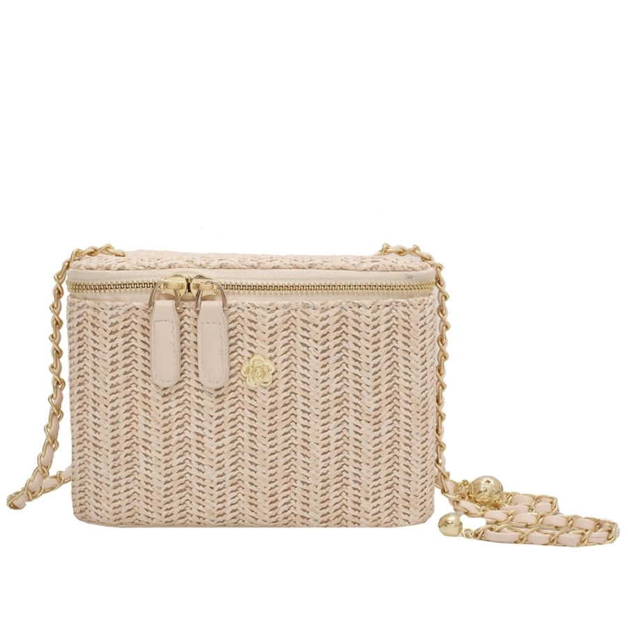 Women'S Straw Solid Color Vacation Zipper Straw Bag