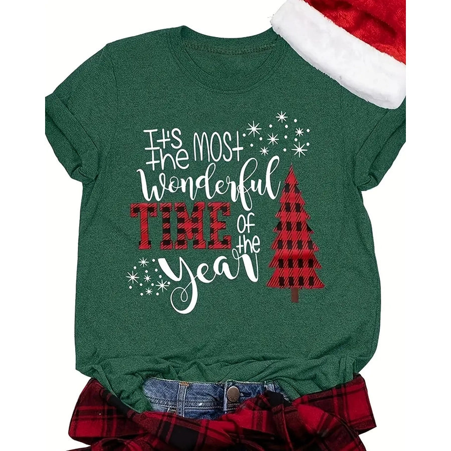 women's t-shirt short sleeve t-shirts printing casual christmas tree letter