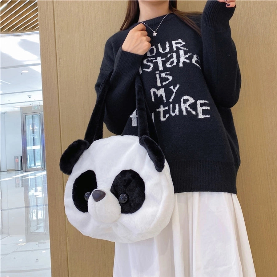 women's all seasons plush animal cute round zipper shoulder bag