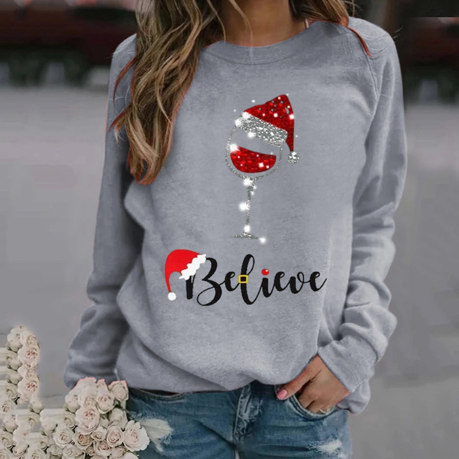 women's hoodie long sleeve hoodies & sweatshirts printing christmas christmas hat letter wine glass