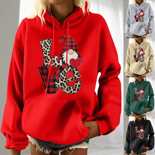 women's hoodies long sleeve printing pocket casual doll letter leopard