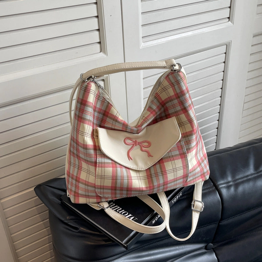 Women's Medium Pu Leather Plaid Bow Knot Vintage Style Classic Style Sewing Thread Square Zipper Tote Bag