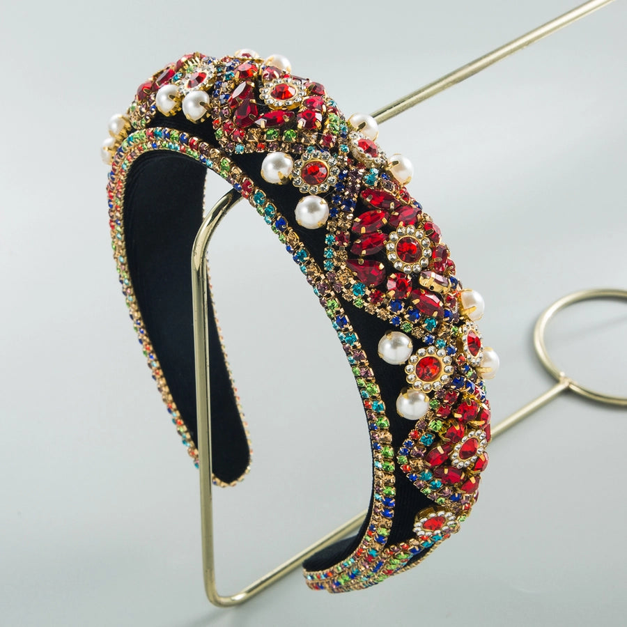 women new inlay rhinestone pearl flannel vintage sponge headband