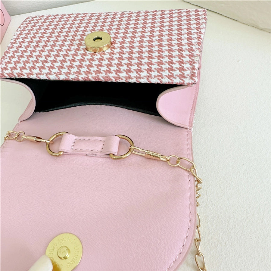 girl's pu leather houndstooth bow knot cute pearls sewing thread square magnetic buckle handbag