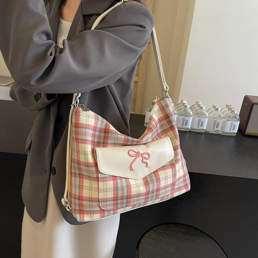 Women's Medium Pu Leather Plaid Bow Knot Vintage Style Classic Style Sewing Thread Square Zipper Tote Bag