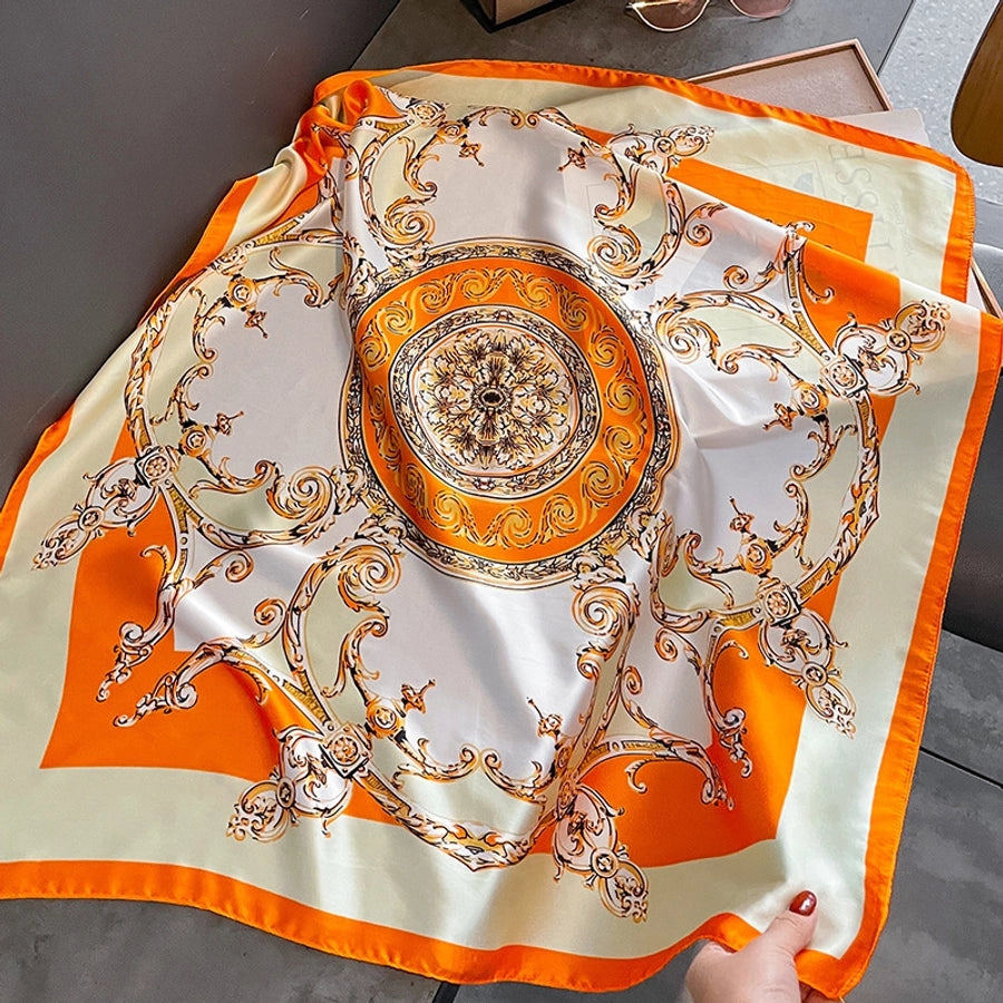 women's elegant simple style flower satin printing silk scarf