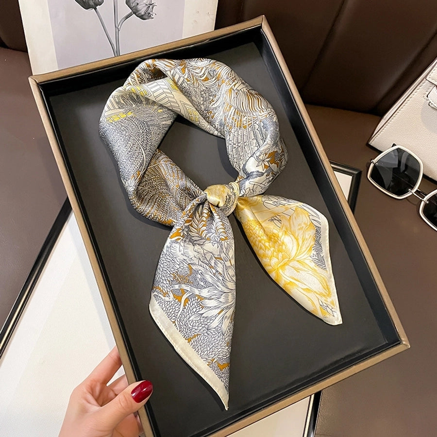 women's elegant simple style flower satin printing silk scarf