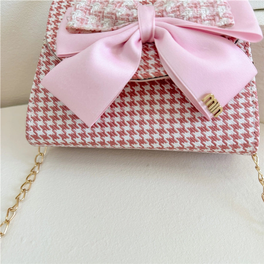 girl's pu leather houndstooth bow knot cute pearls sewing thread square magnetic buckle handbag