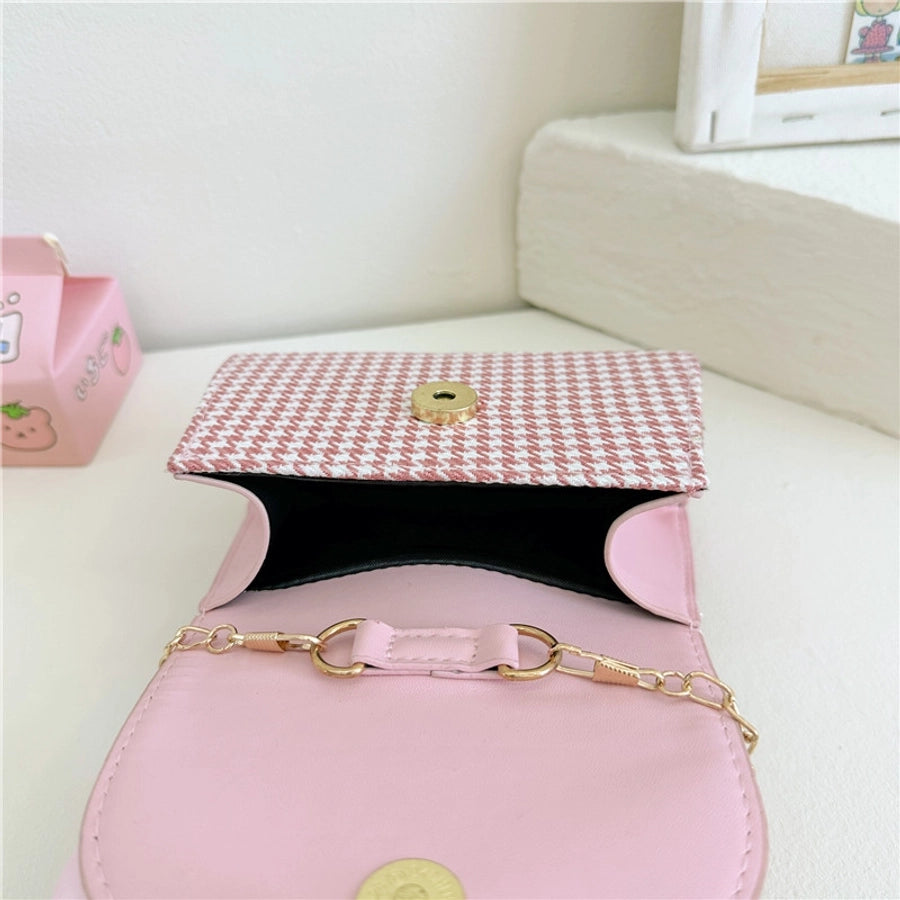 girl's pu leather houndstooth bow knot cute pearls sewing thread square magnetic buckle handbag