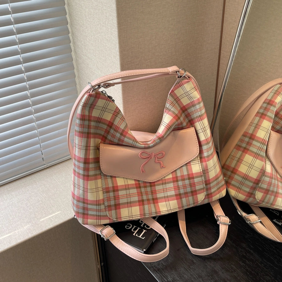 Women's Medium Pu Leather Plaid Bow Knot Vintage Style Classic Style Sewing Thread Square Zipper Tote Bag