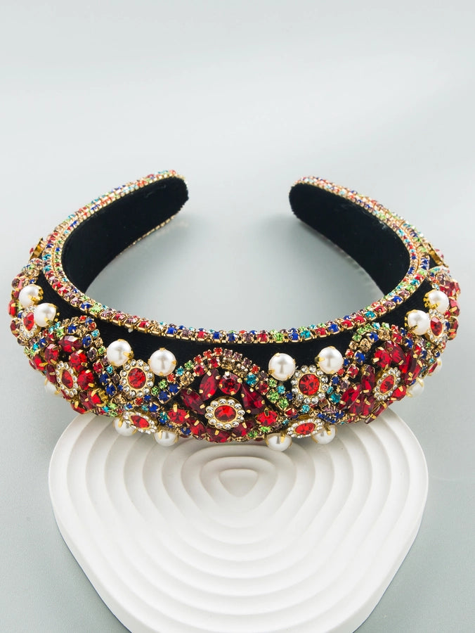 women new inlay rhinestone pearl flannel vintage sponge headband