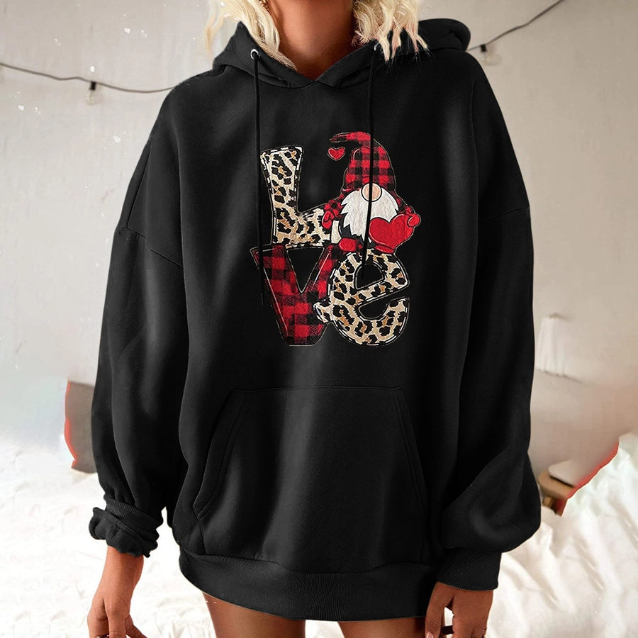 women's hoodies long sleeve printing pocket casual doll letter leopard