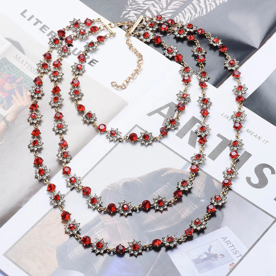 exaggerated flower alloy inlay rhinestones women's layered necklaces