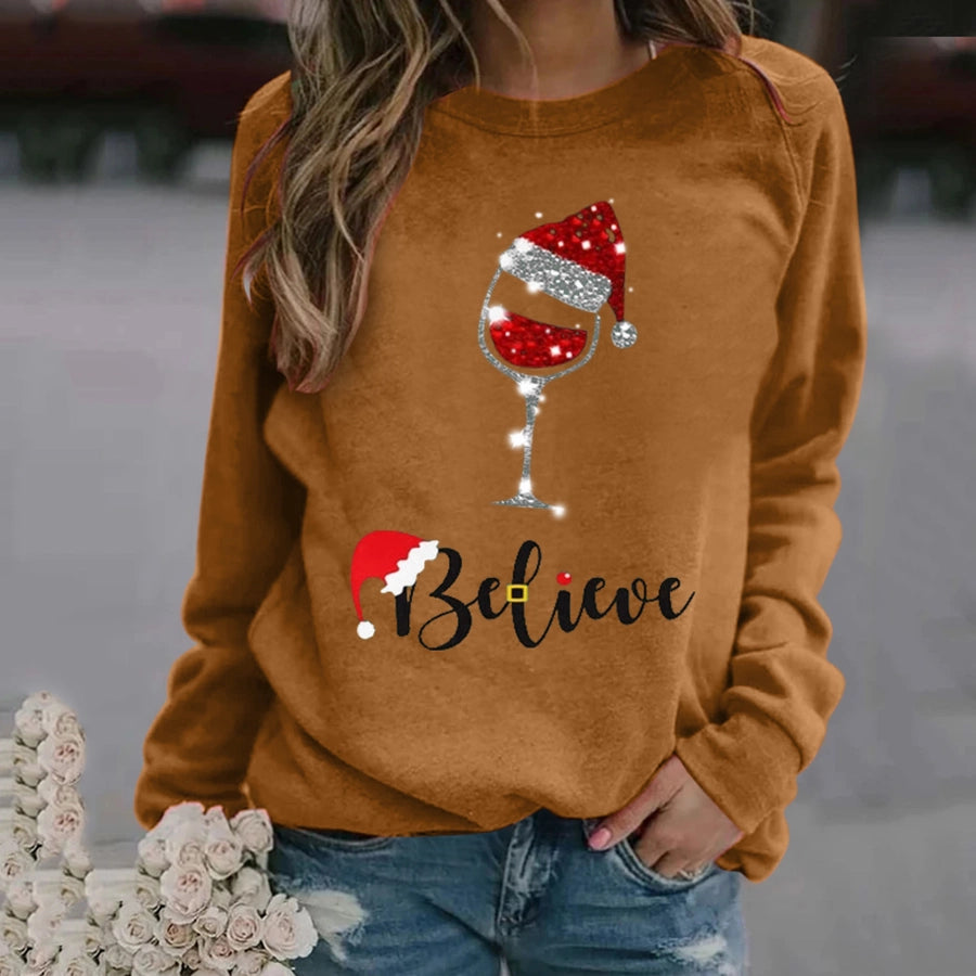 women's hoodie long sleeve hoodies & sweatshirts printing christmas christmas hat letter wine glass