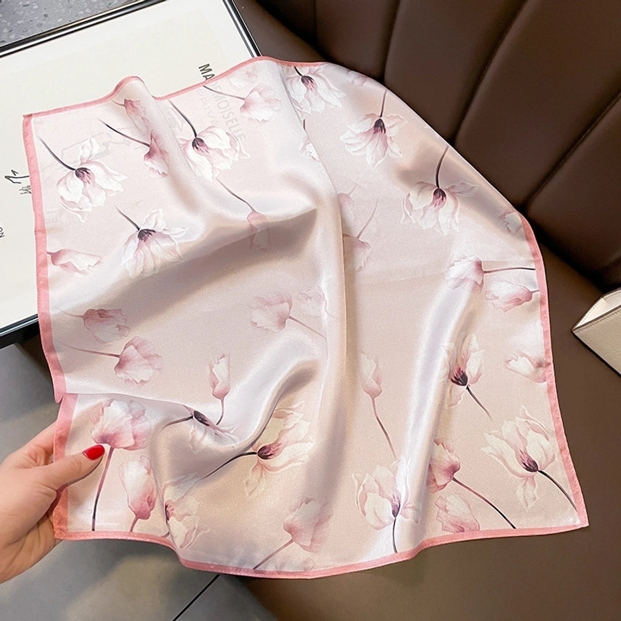 women's elegant simple style flower satin printing silk scarf